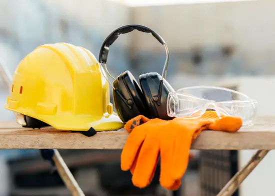 Safety helmet, ear protectors, goggles, and gloves